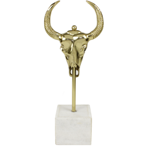 Testa di bufalo in metallo dorato base marmo bianco H.47 cm
