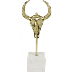 Testa di bufalo in metallo dorato base marmo bianco H.47 cm